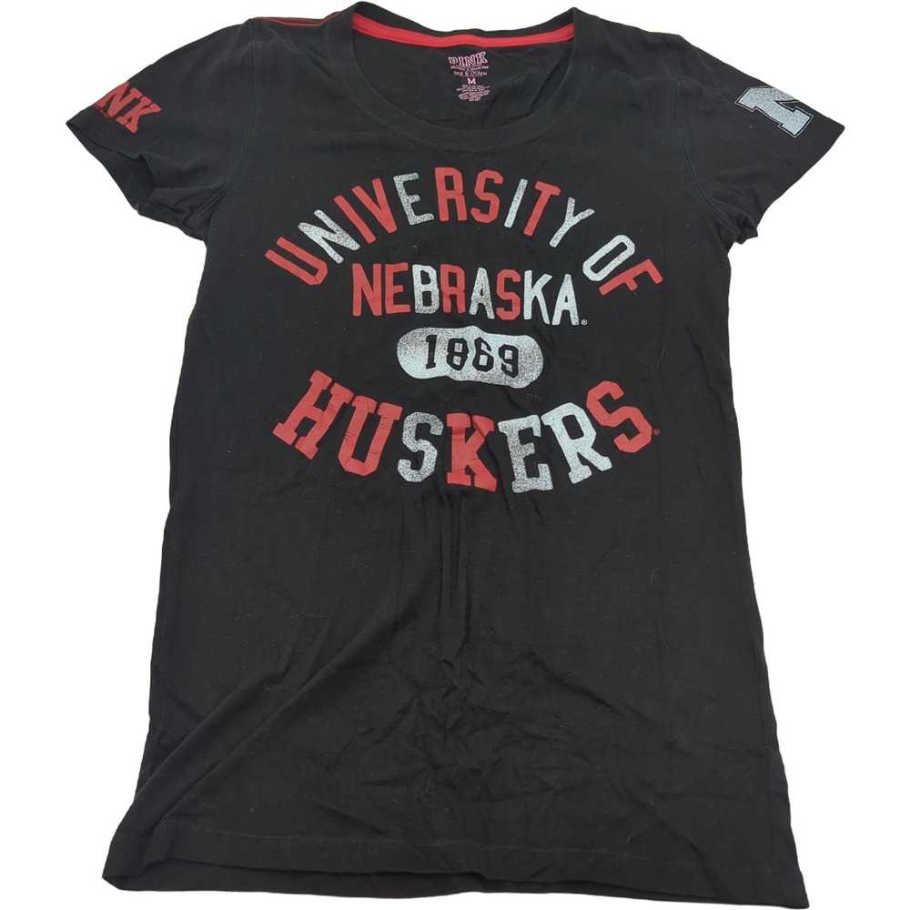PINK Victoria Secret Nebraska Huskers T-Shirt Black Collegiate Collection Medium